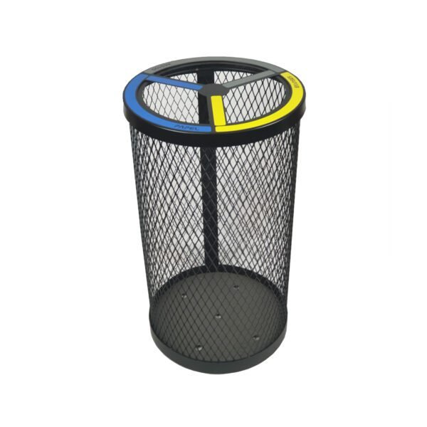 PAPELERA CLASIFICACIÓN 150L CHAPA DEPLOYÉ CIRCULAR (MODELO SEGURIDAD AEROPORTUARIA) CON TAPA TRES RESIDUOS Y ARO SUJETA-BOLSAS